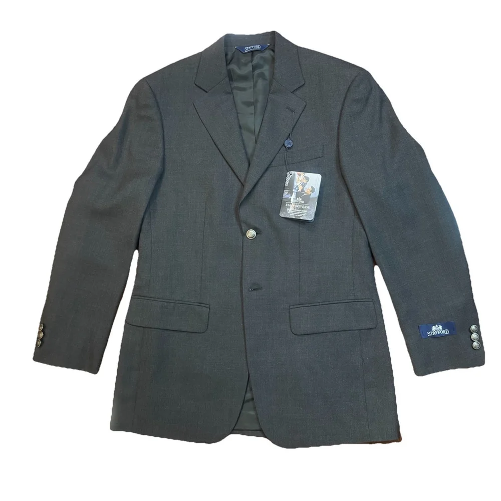NWT Stafford Ease Wool Blend Suit Blazer Jacket Size:36R Charcoal Gray Vent